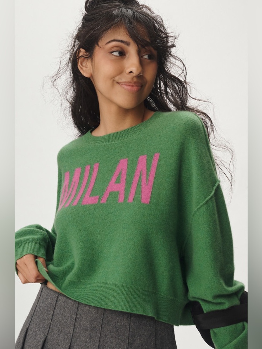 Pilcro Alani Cropped Cashmere Sweater Green with Pink MILAN